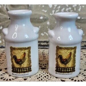 Vintage Kate McRostie White Ceramic Salt & Pepper Shakers Rooster Milk Jug Style